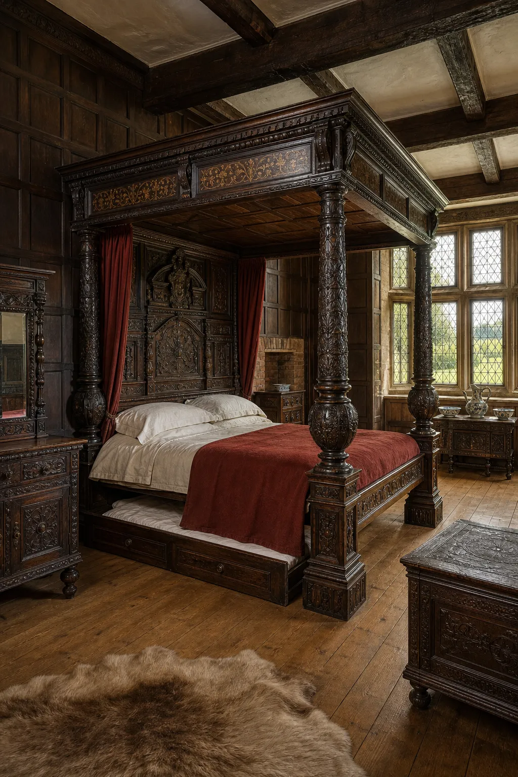 Tudor-style bedroom featuring an ornate dark wood bed against paneled walls