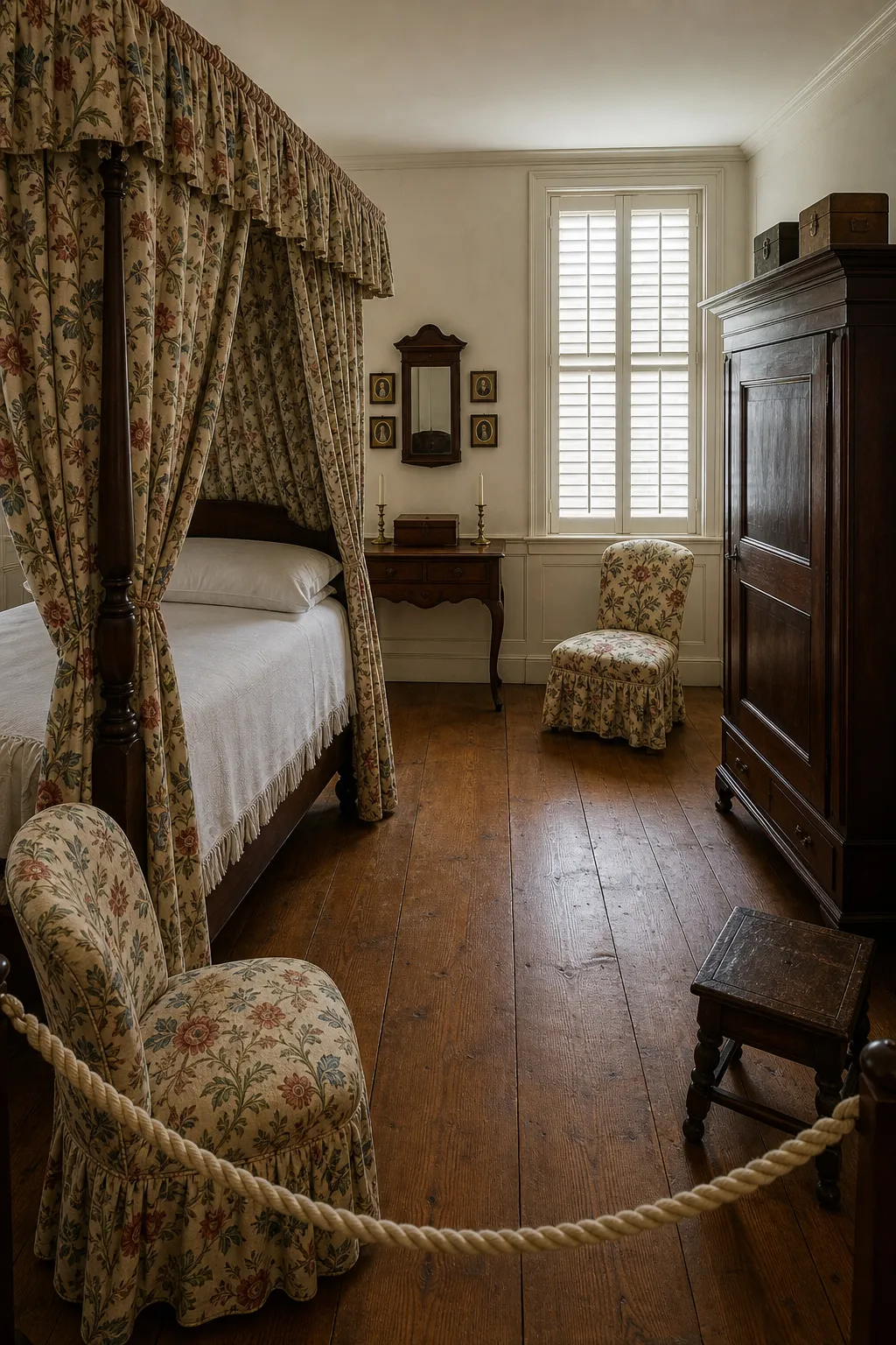 Colonial bedroom layered with floral curtains, patterned bedding, and classic wood furniture