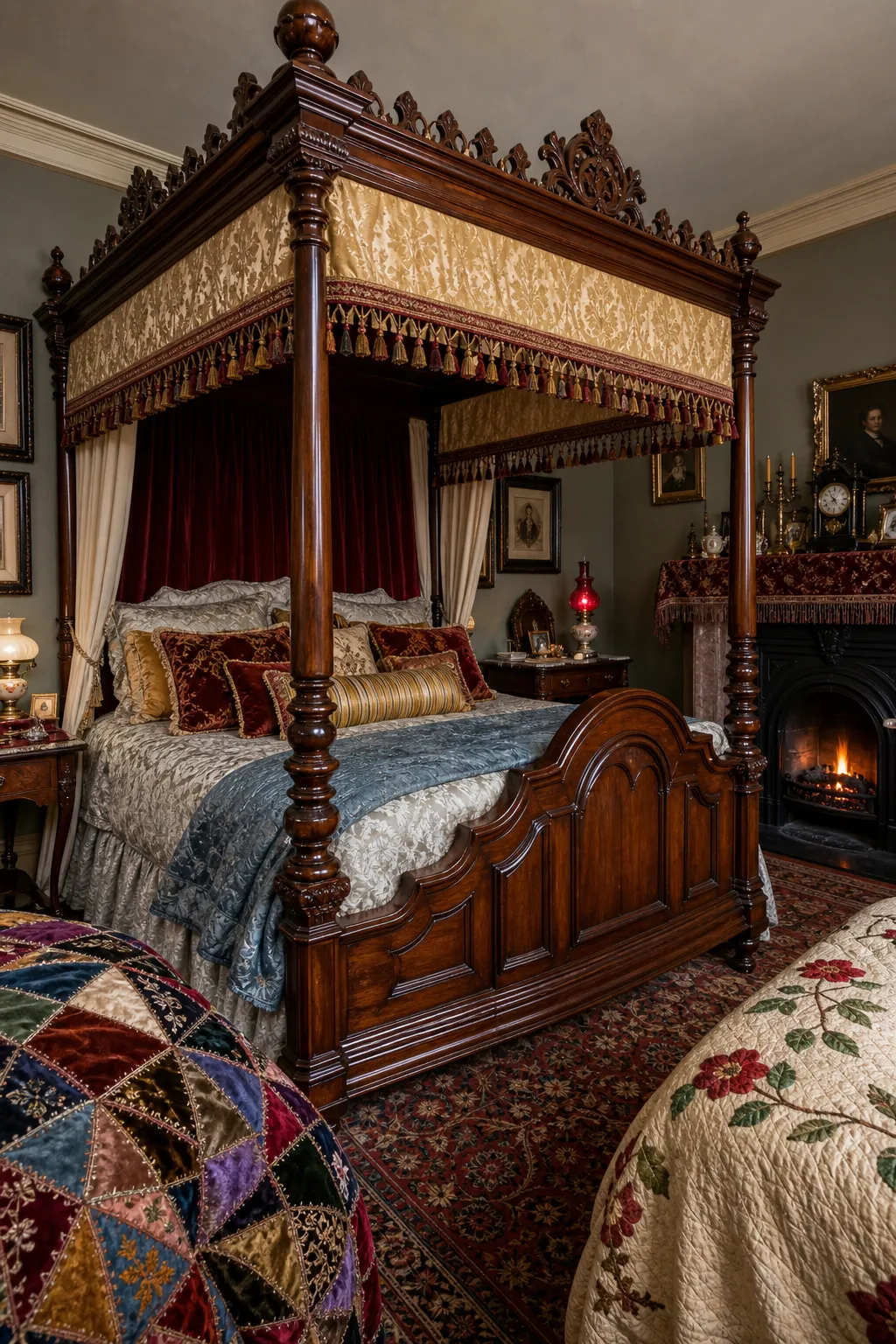 Victorian walnut bed dressed with a colorful handcrafted patchwork quilt