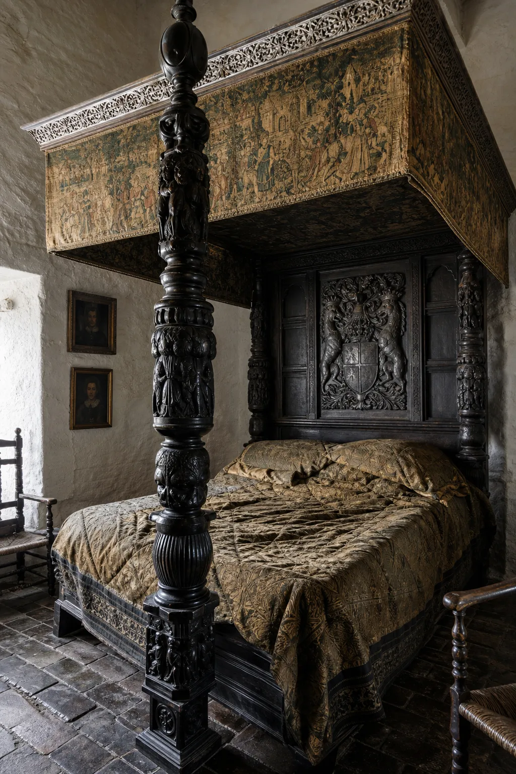 Historic bedchamber centered on a monumental Tudor bed with elaborate carved woodwork
