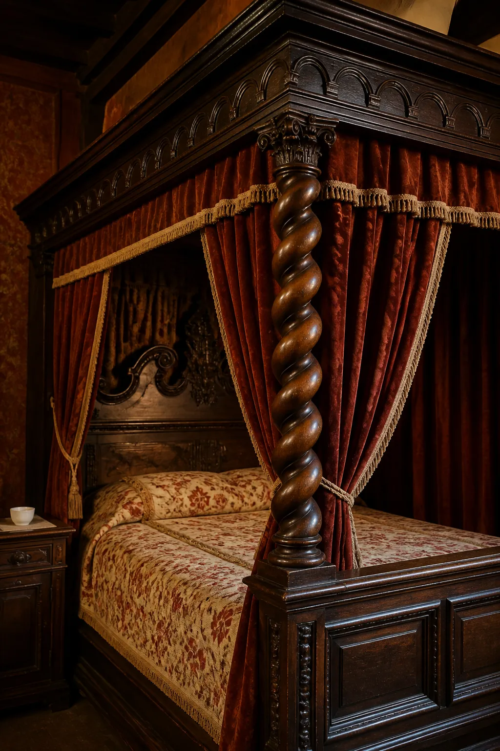Renaissance-inspired bedroom with an ornate bed, rich textiles, and decorative period accents
