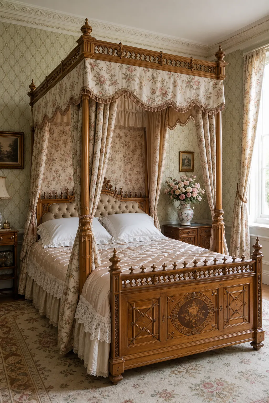 Victorian canopy bed softened by sheer lace curtains and light-colored bedding