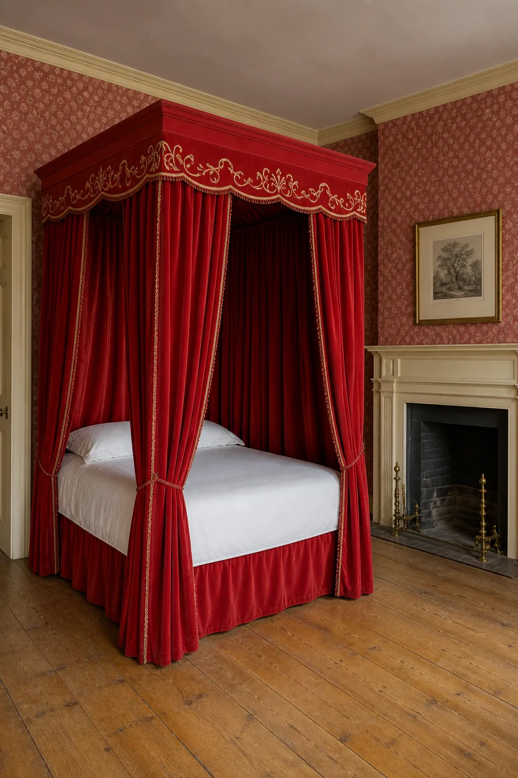 Historic bedroom with a traditional bed framed by floor-length scarlet curtains