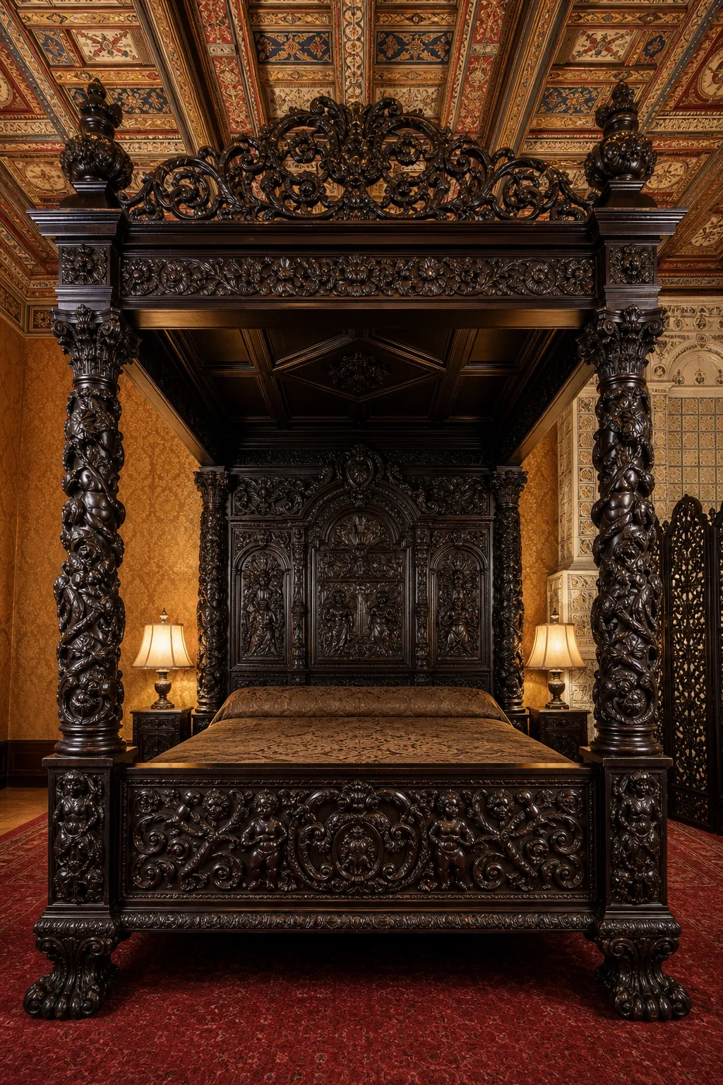 Baroque bedroom featuring a heavily carved dark wood bed and opulent traditional furnishings