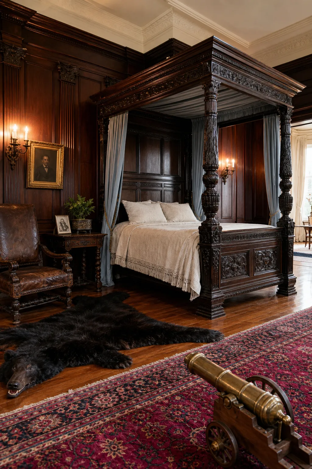 Gilded Age bedroom filled with carved furniture, layered textiles, and polished decorative accents