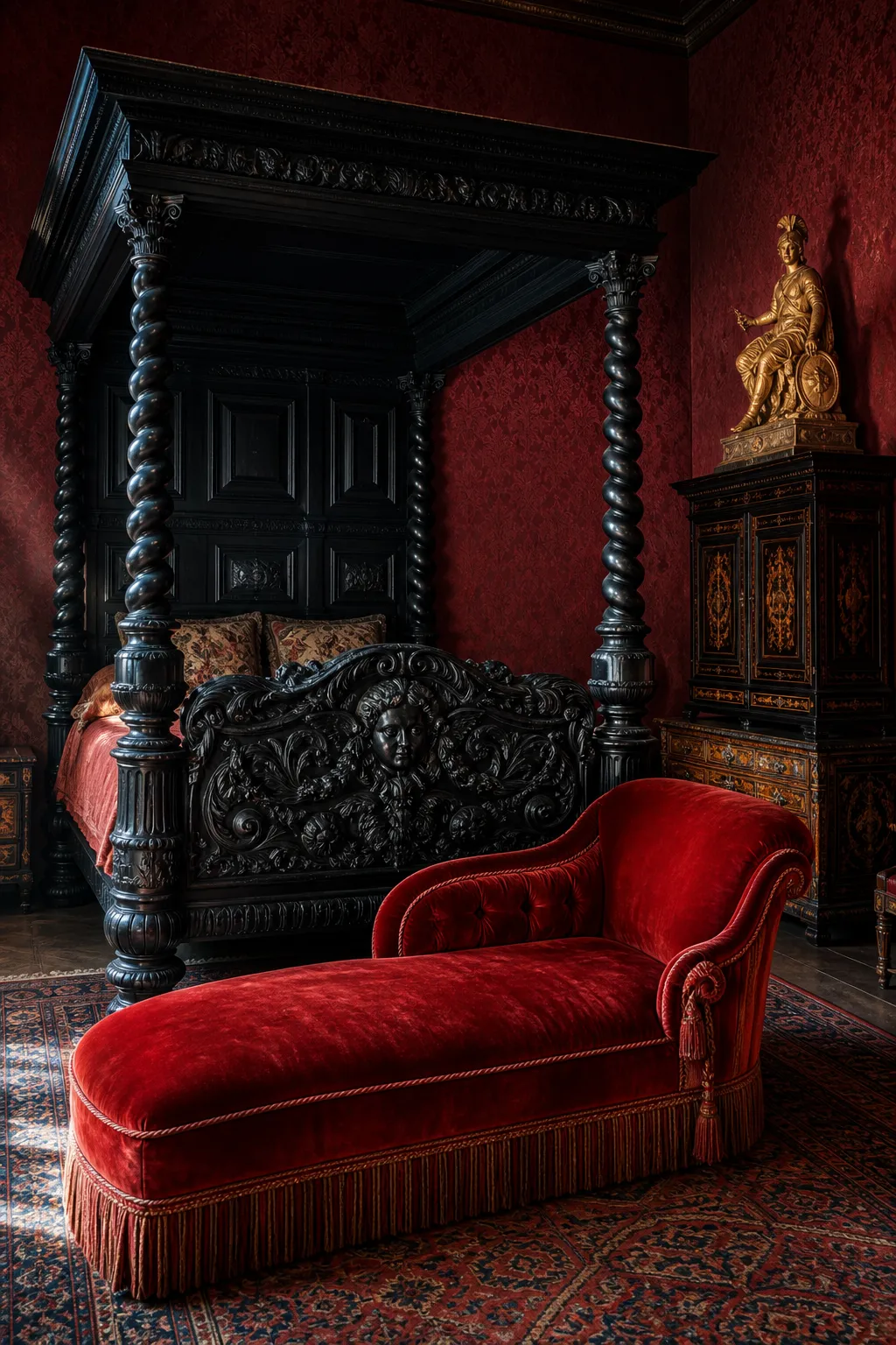 Black carved wood bed set against rich red walls in a dramatic historic bedroom