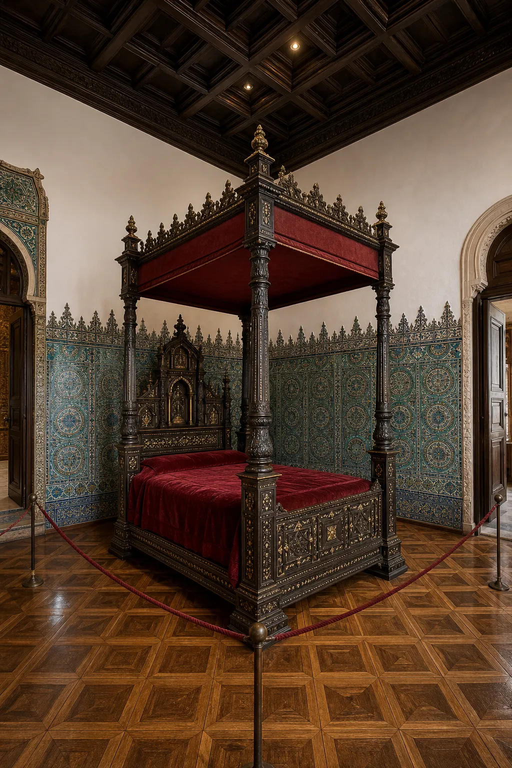 Palatial bedroom with ornate furnishings, decorative tilework, and luxurious textiles