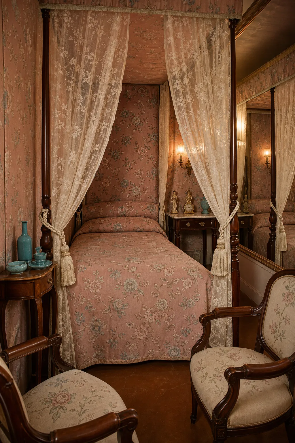 Romantic bedroom decorated with layered pink floral bedding, curtains, and vintage furniture