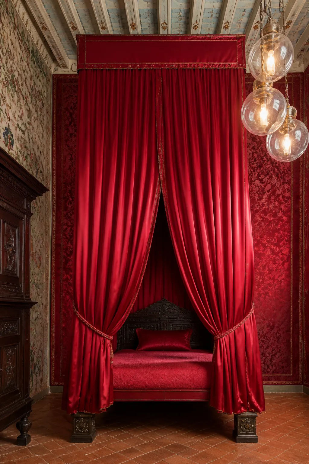 Luxurious historic bedroom layered with red satin bedding and patterned damask textiles