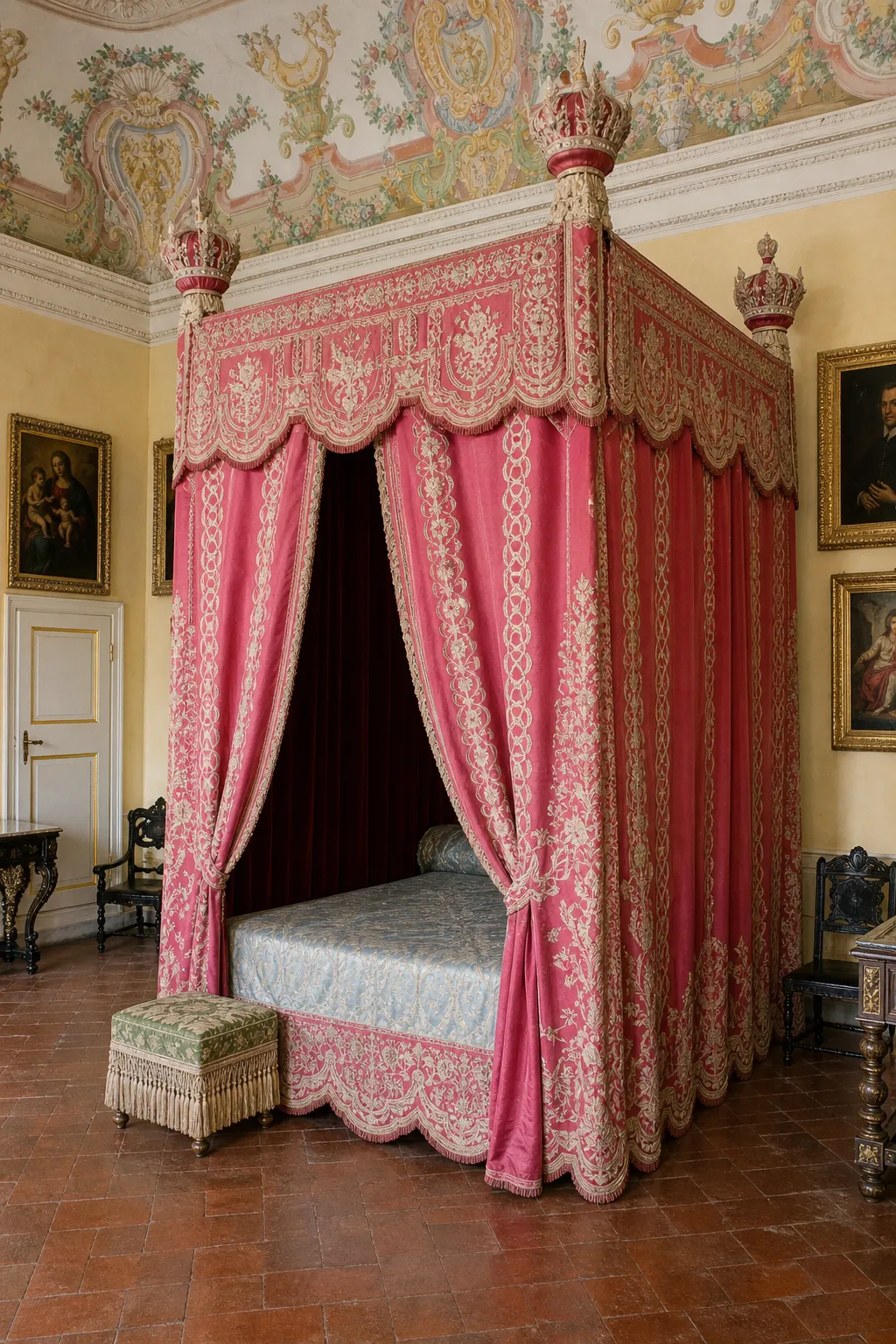 Regal bedroom featuring full pink drapery and finely embroidered bed linens