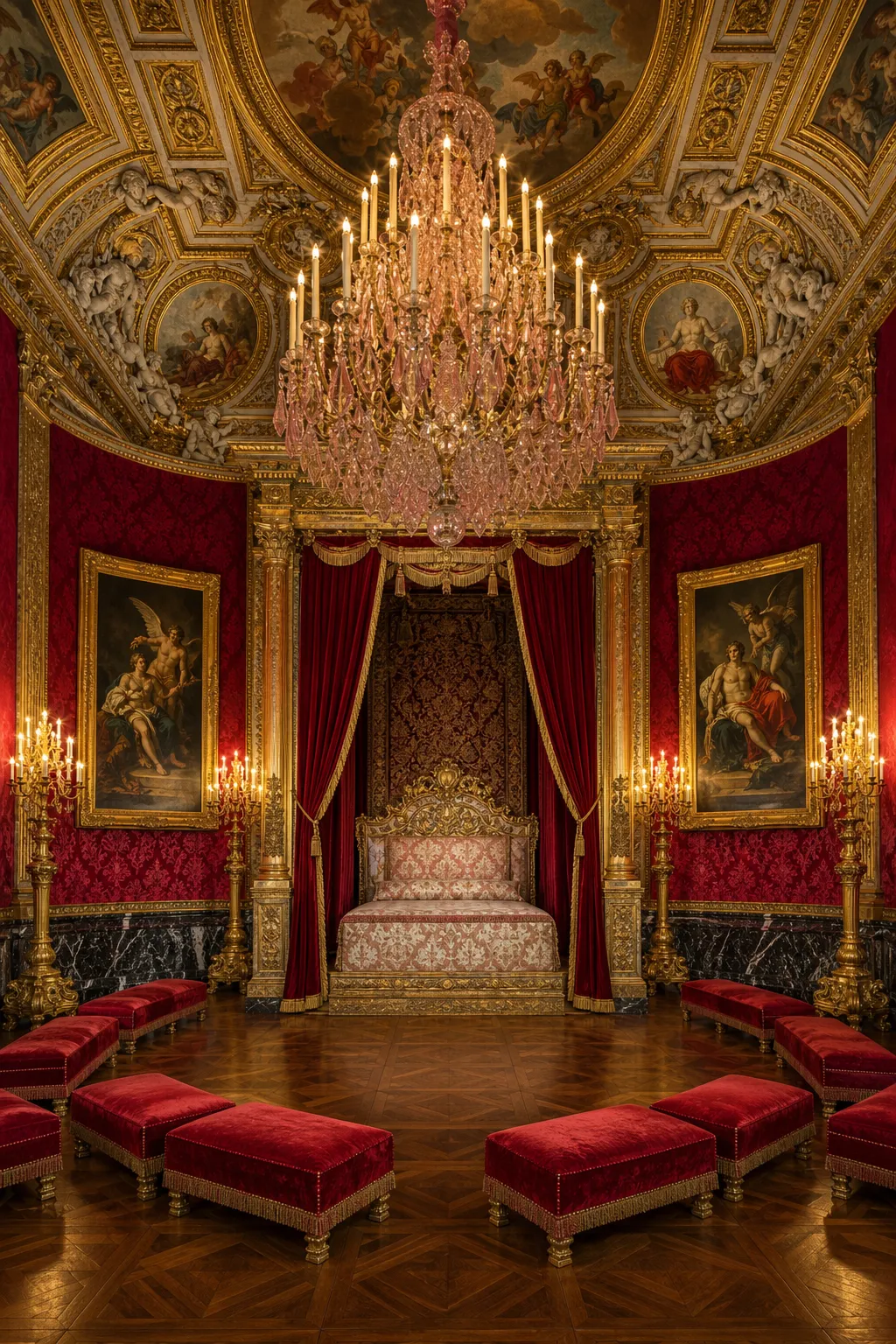 Versailles-inspired canopy bed decorated with red textiles and ornate gold finishes