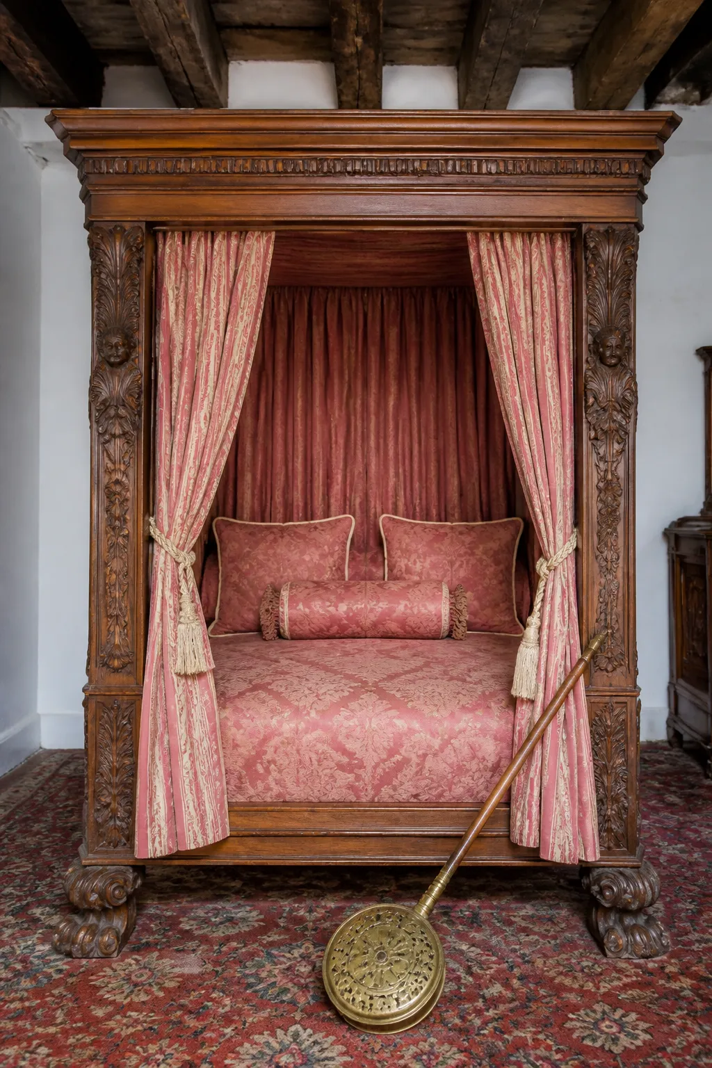 Carved wooden canopy bed softened with romantic flowing pink curtains