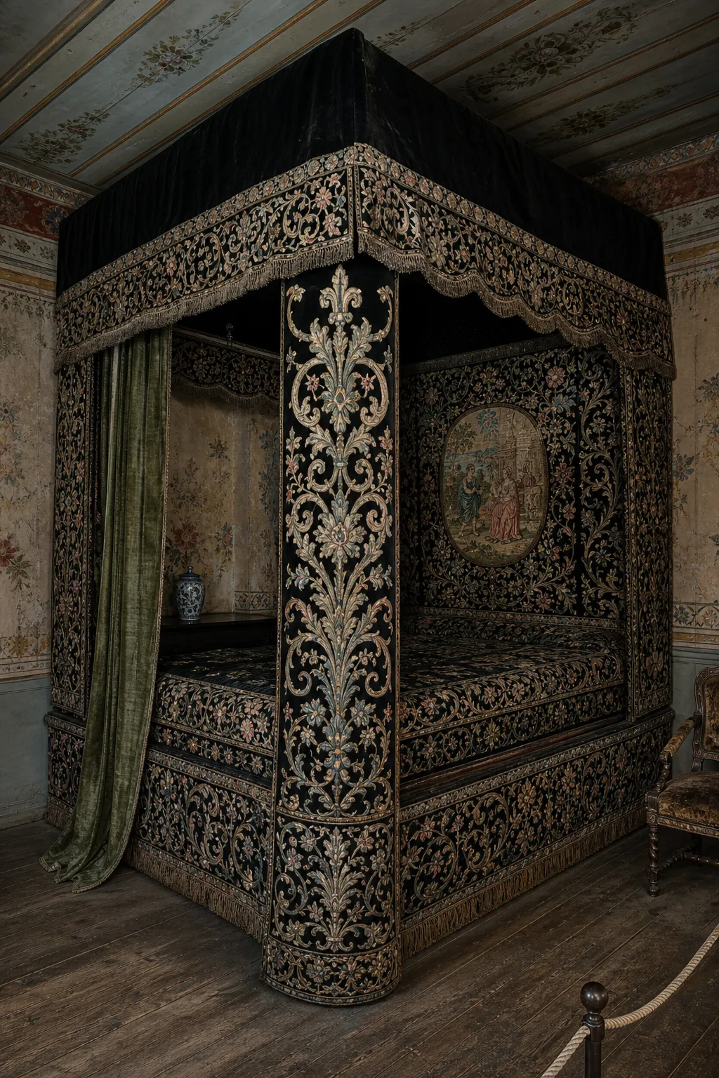 Palace-inspired canopy bed layered with richly embroidered curtains and bedding