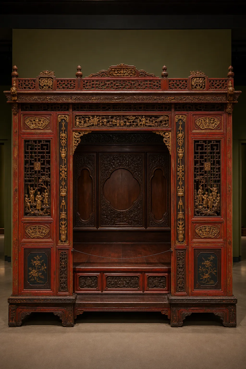 Ornately carved Chinese wooden bed displayed as functional decorative art