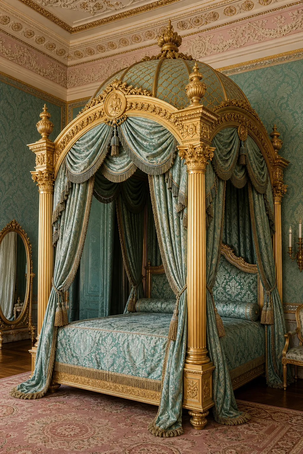 Regency-style canopy bed with gilded posts and softly flowing silk curtains
