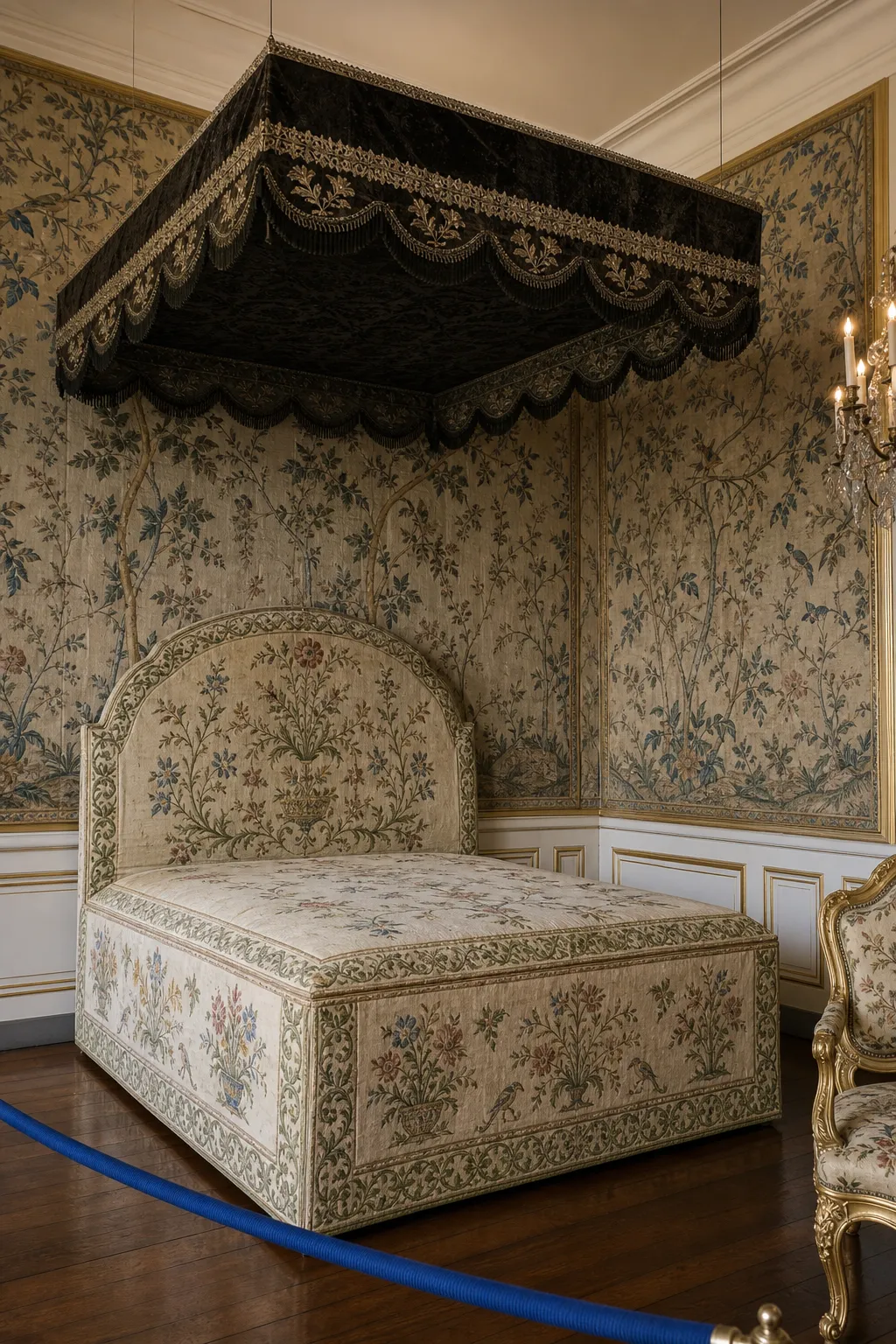 Romantic French-style bed dressed with delicate floral embroidered textiles