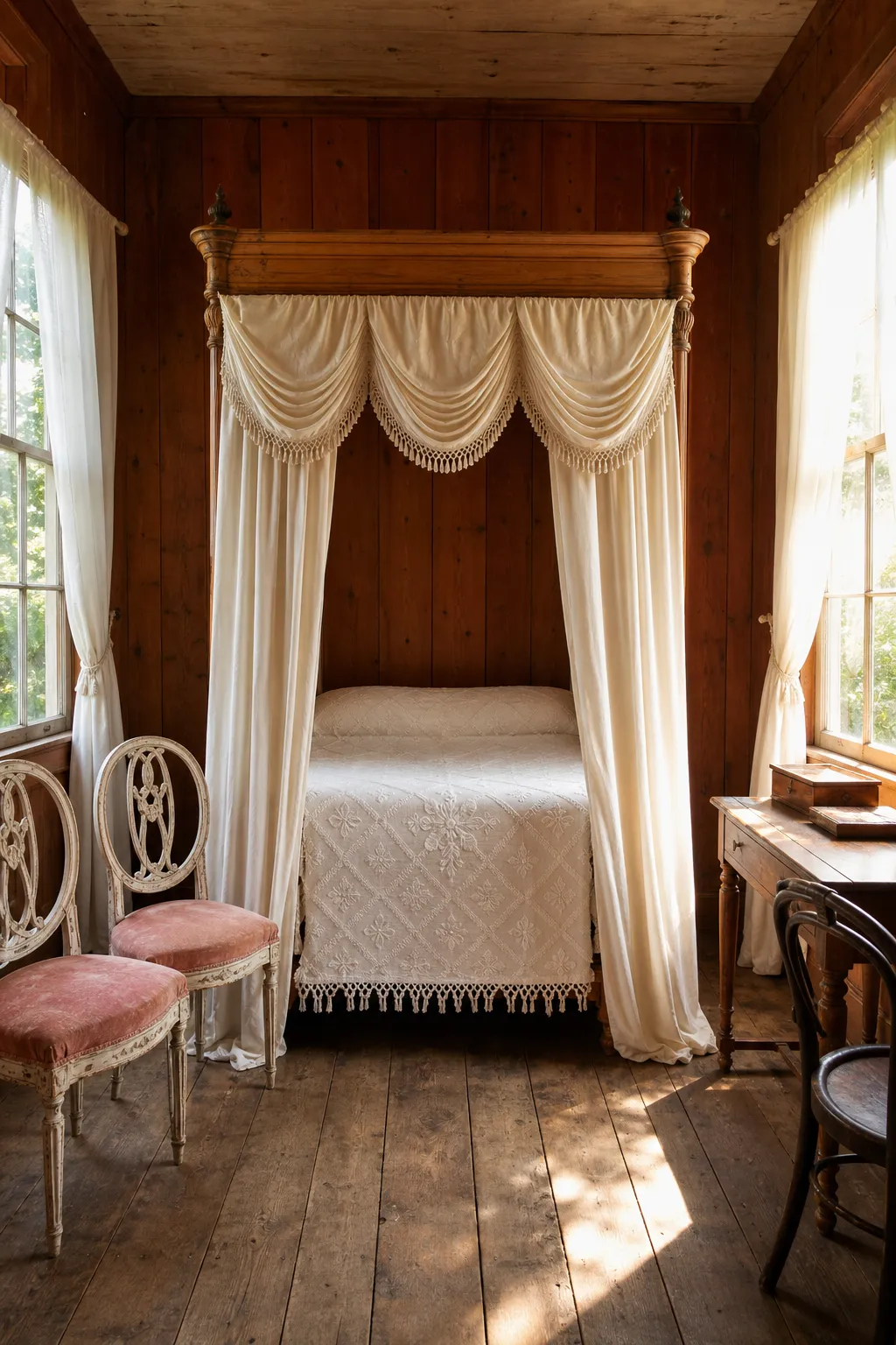 Old-world canopy bed constructed from substantial rustic natural wood