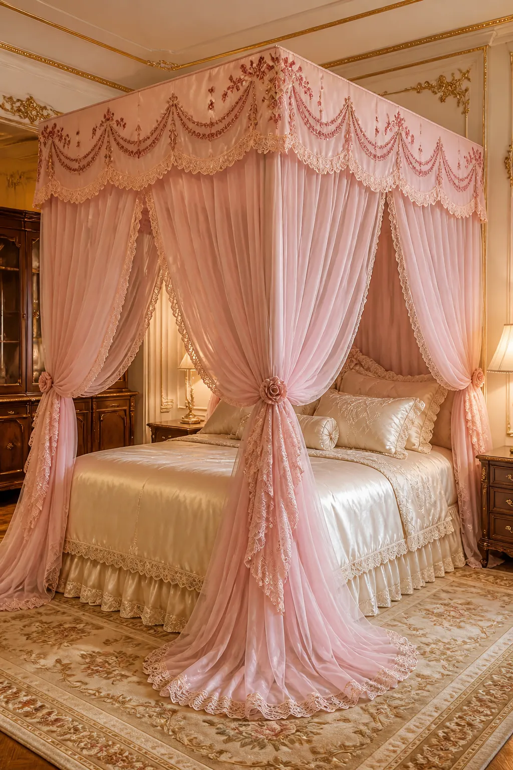 Blush-pink bedroom with a romantic lace canopy draped above the bed
