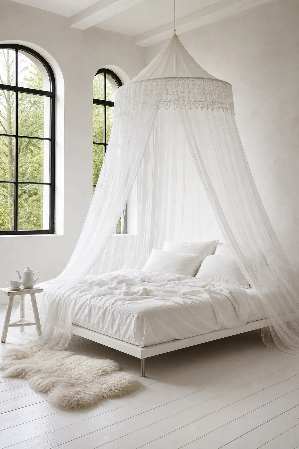 Airy white lace canopy suspended from the ceiling above a peaceful bed