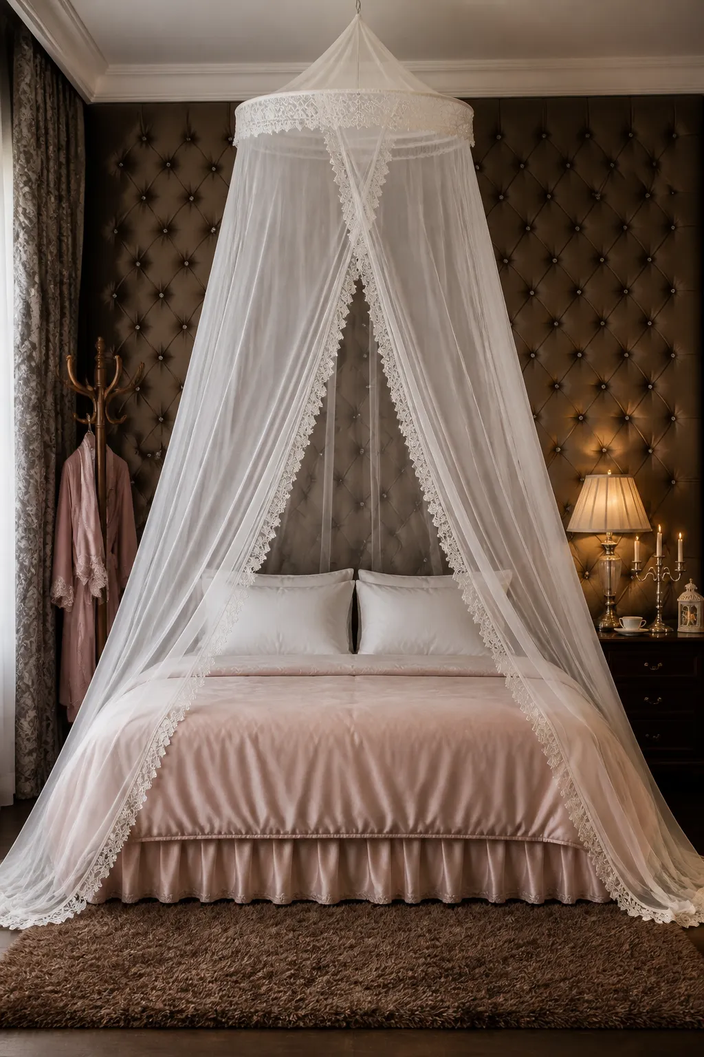 Elegant white bed netting paired with soft blush-pink bedding