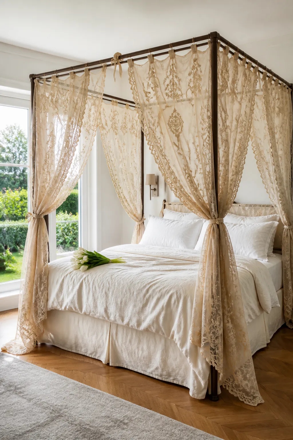 Champagne lace draped over a vintage four-poster bed frame