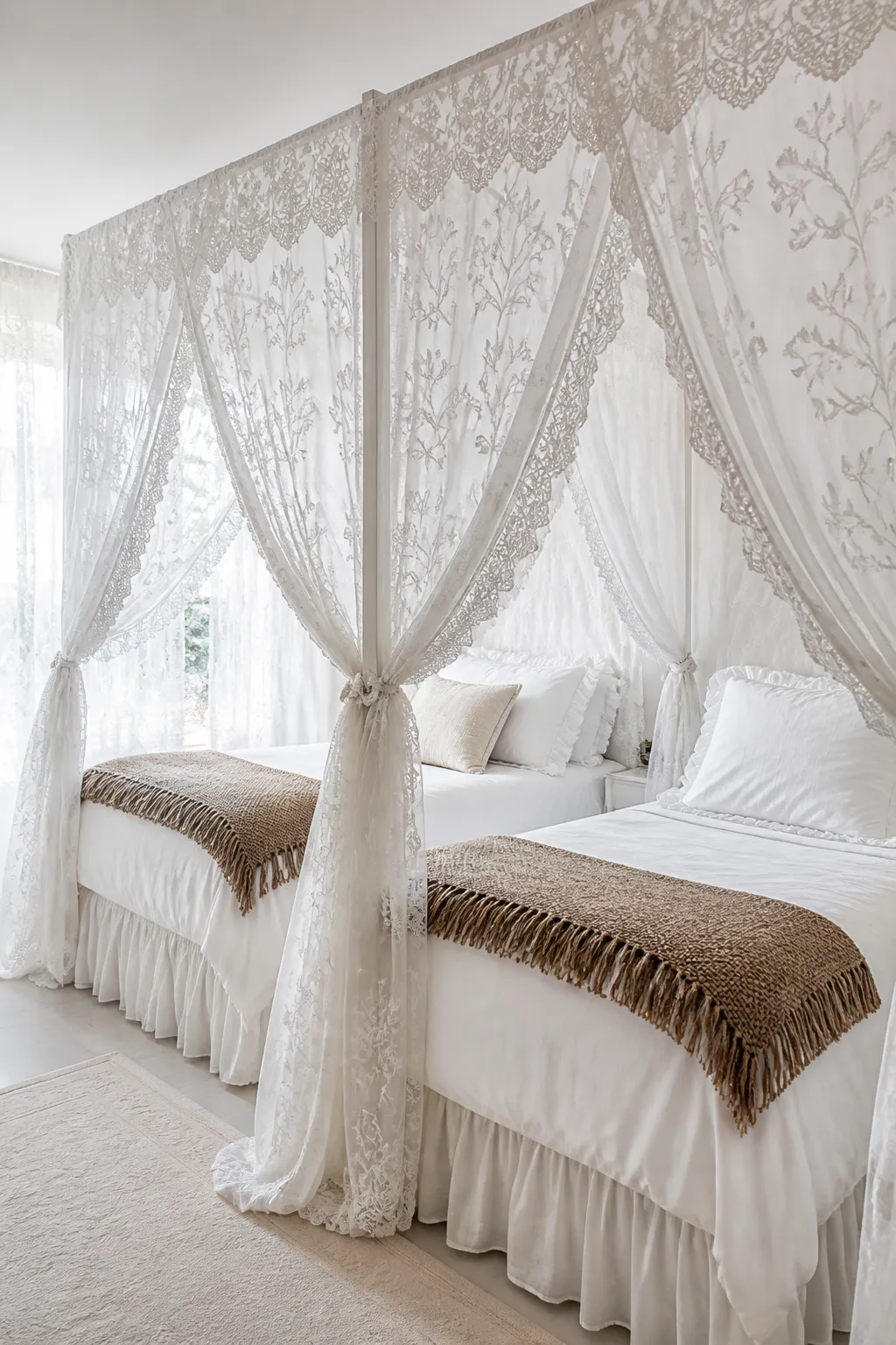Matching twin beds dressed with white floral lace canopies