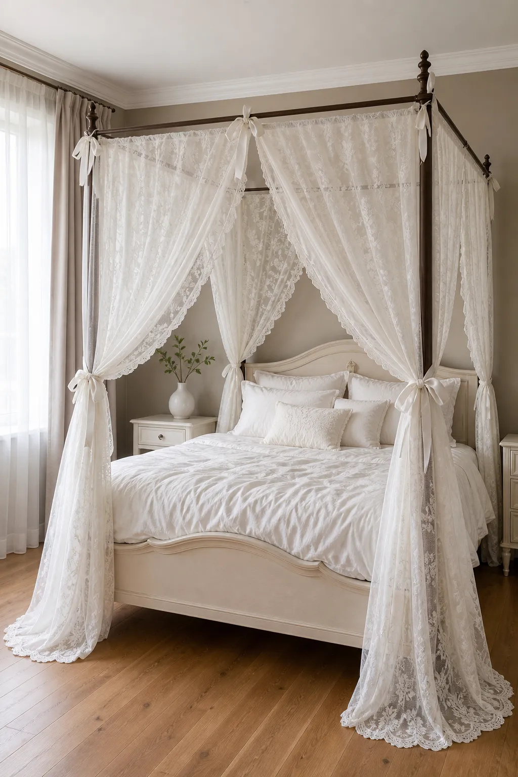 Bright romantic bedroom decorated with flowing white lace around the bed