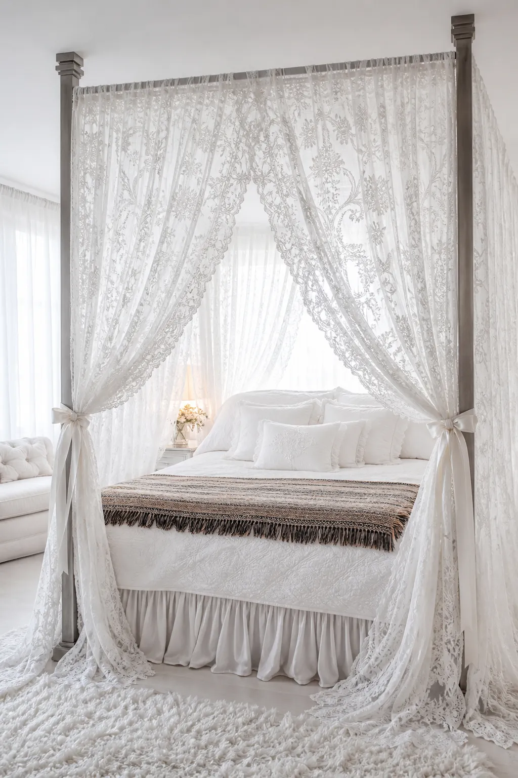 Ornate bed framed by full-length white lace drapes