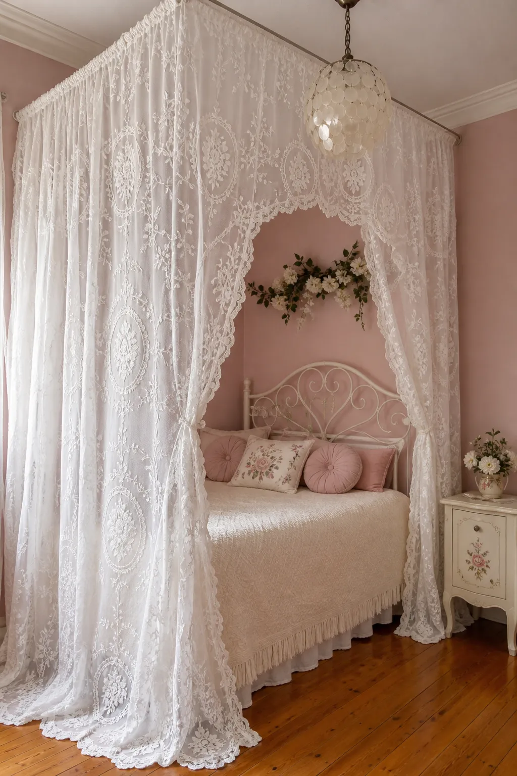 Sweet tonal bedroom layered with pink lace bedding and textiles