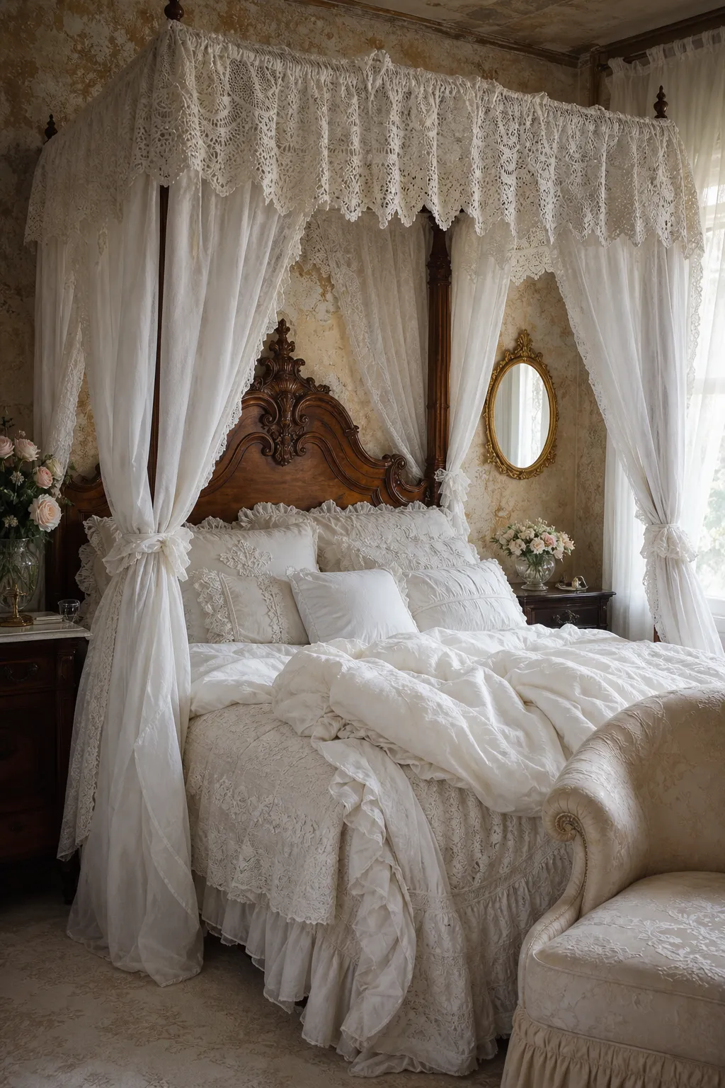 Cottage-style canopy bed decorated with heirloom-inspired lace