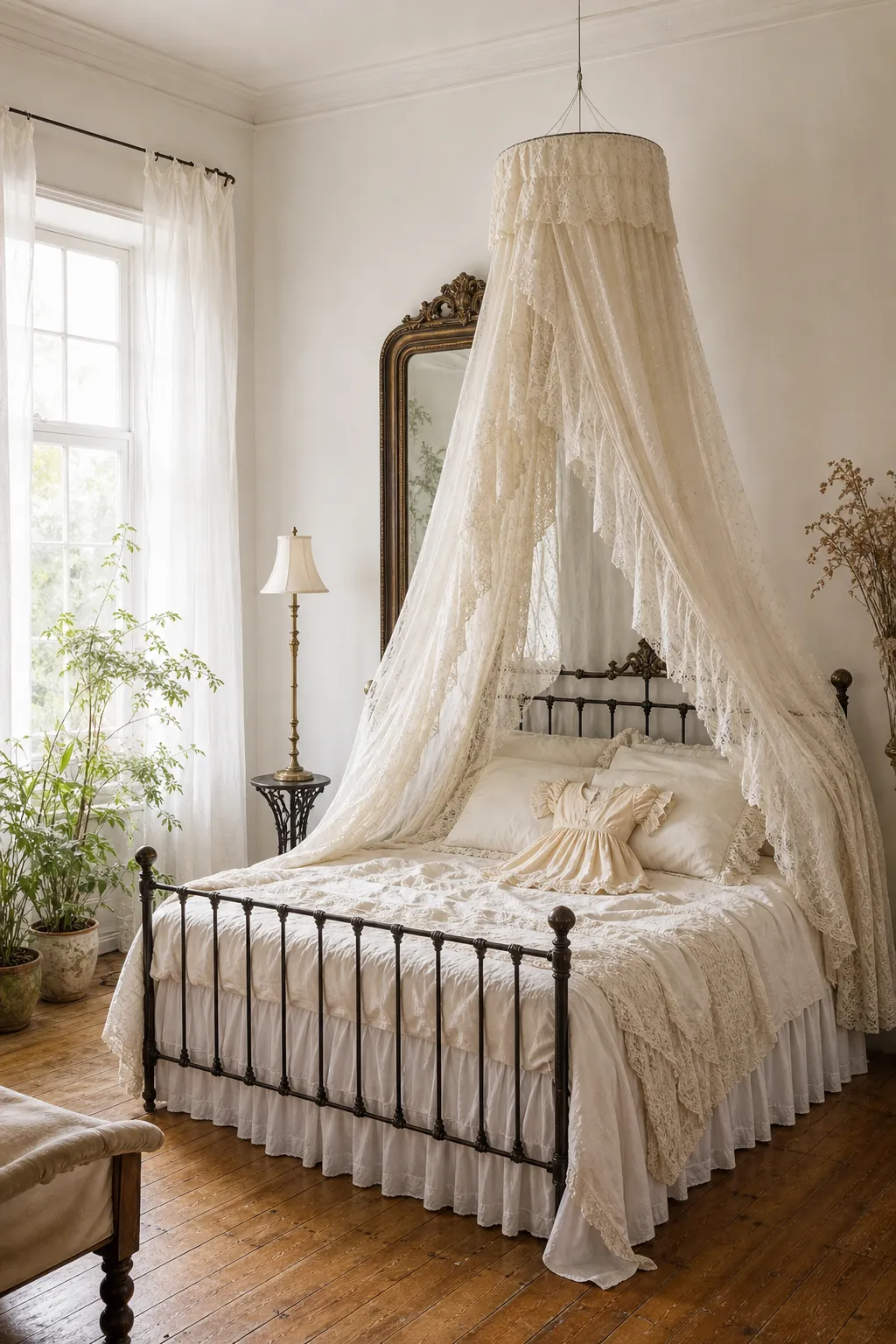 Vintage-inspired half canopy mounted above a bed without a full frame