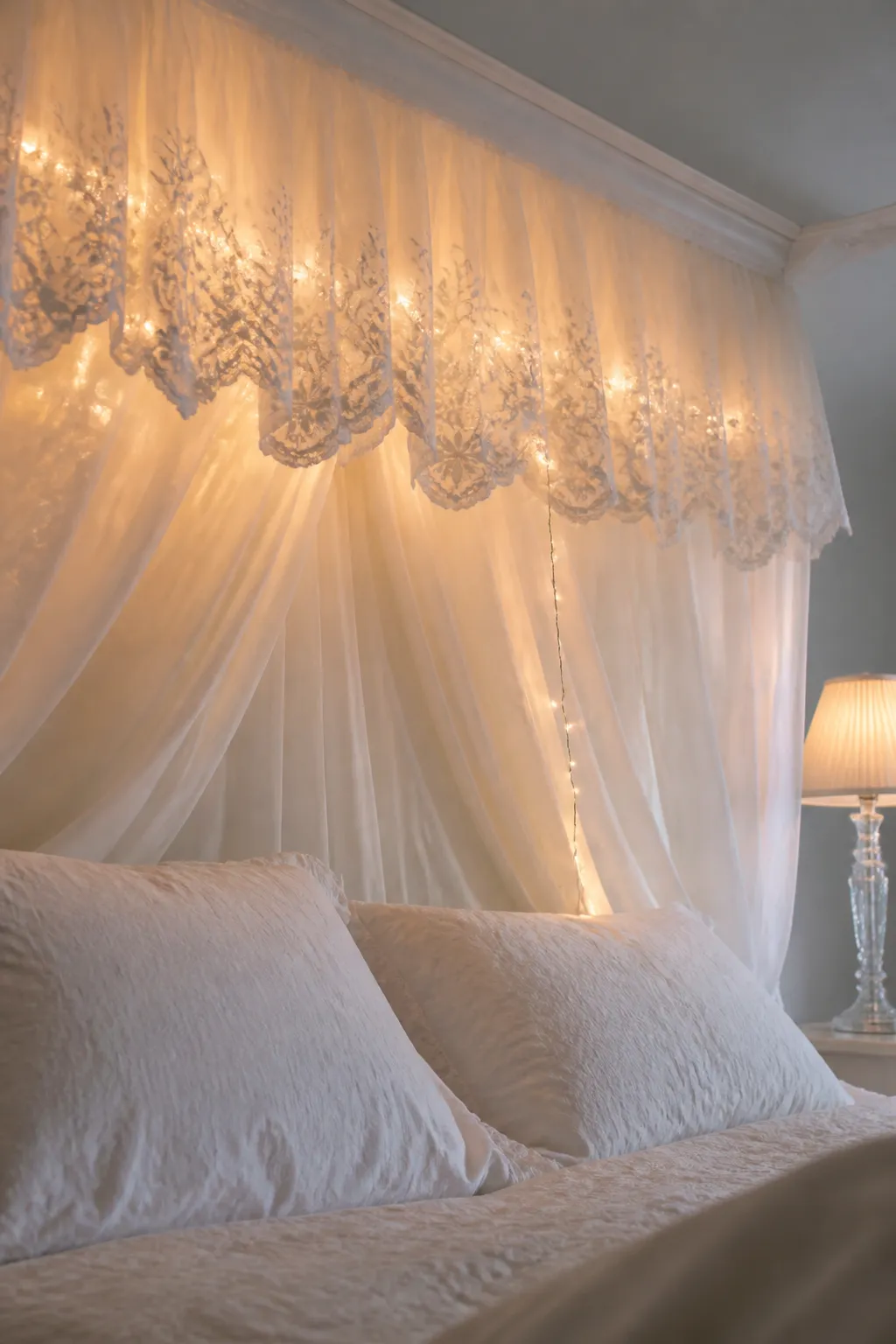 White lace bed canopy woven with warm glowing fairy lights