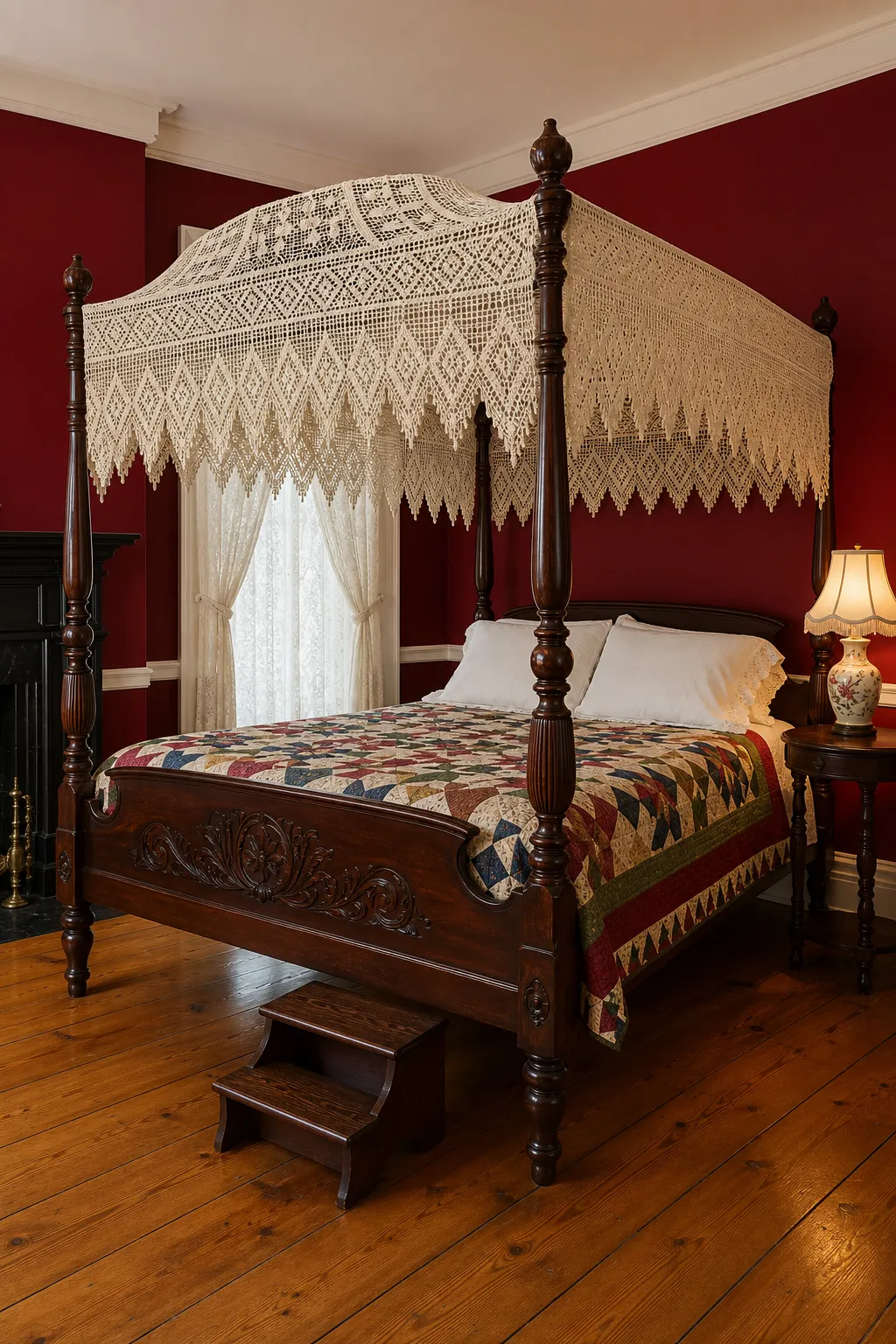 Handmade crochet lace canopy displayed in a rich red bedroom