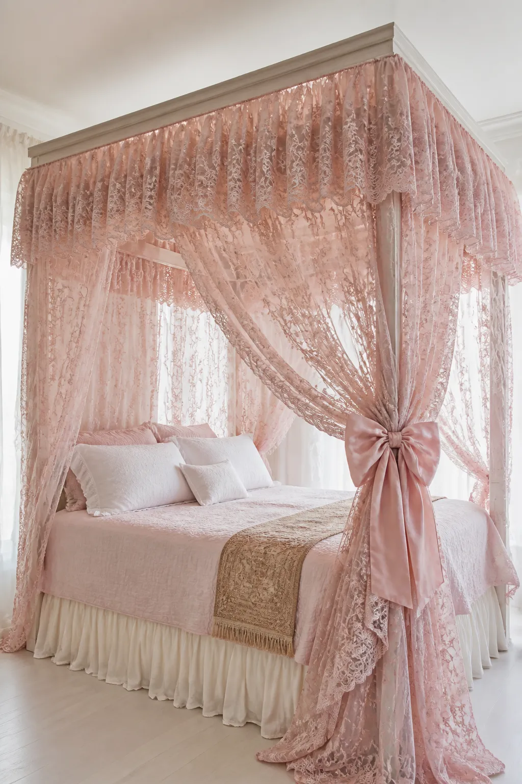 Dreamy pink canopy arranged around a bed with romantic layered bedding