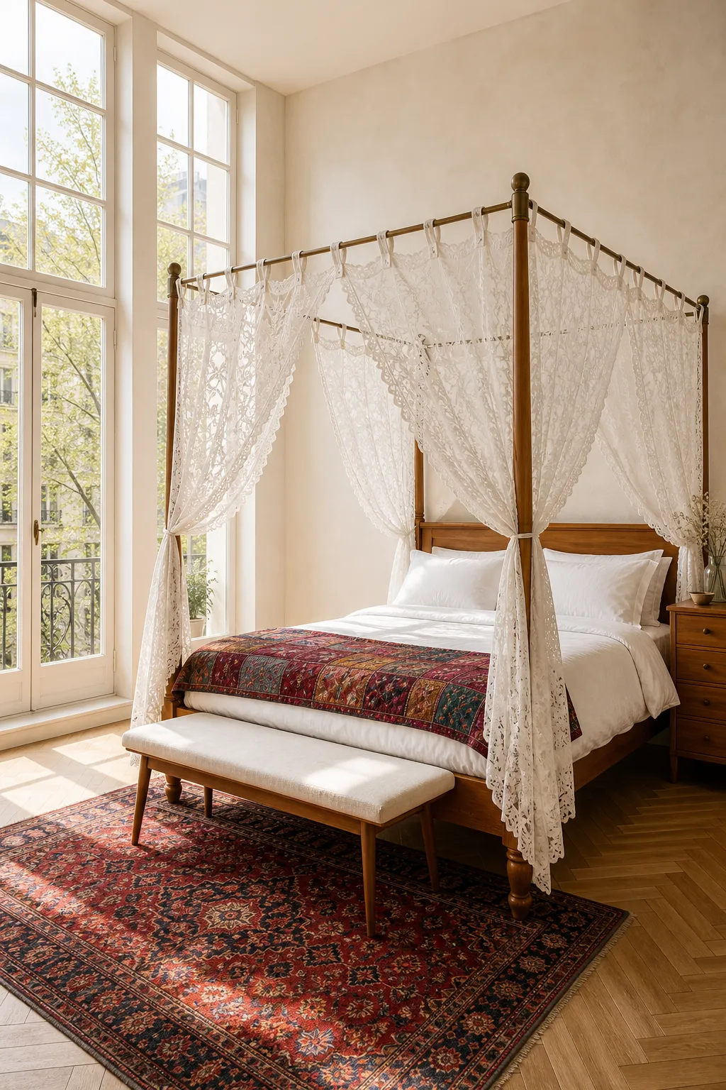 Sunlit white lace canopy styled with relaxed boho bedroom details