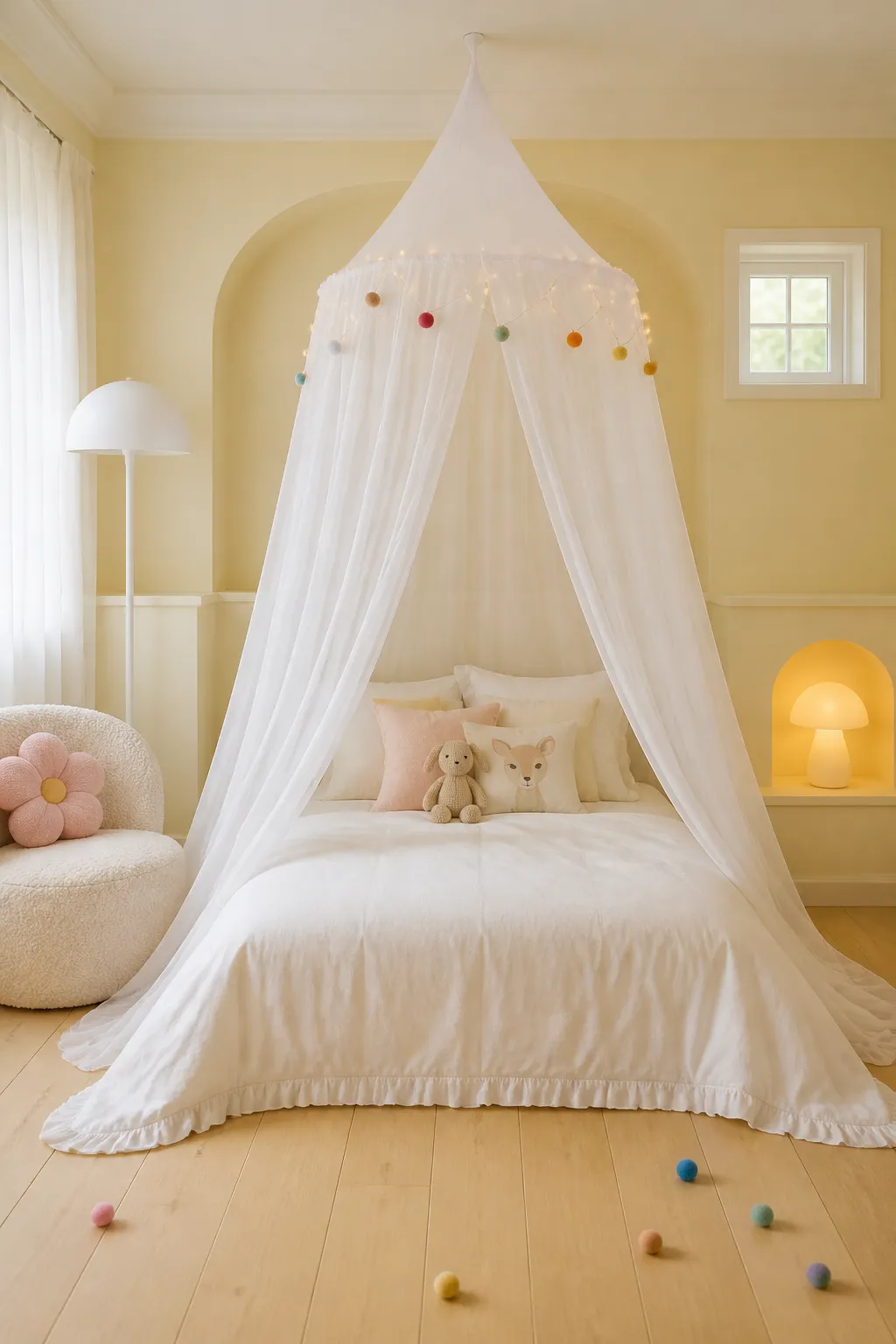 Cozy kids’ bedroom with a whimsical white lace canopy over the bed