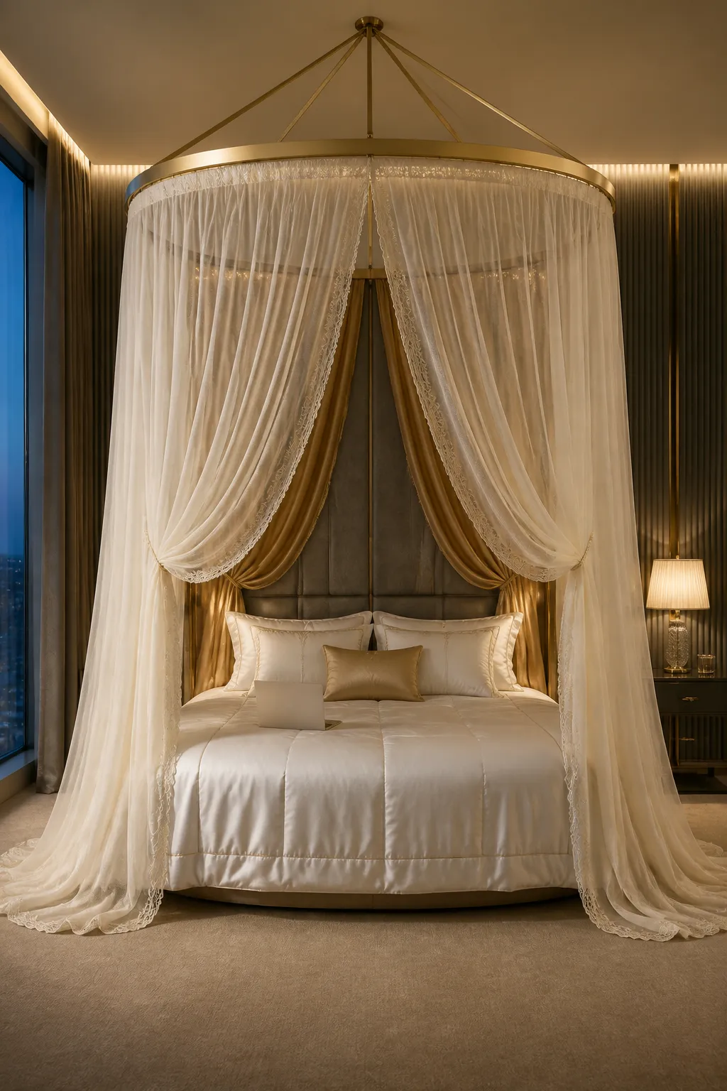 Ivory lace draped from a gold round canopy above a romantic bed