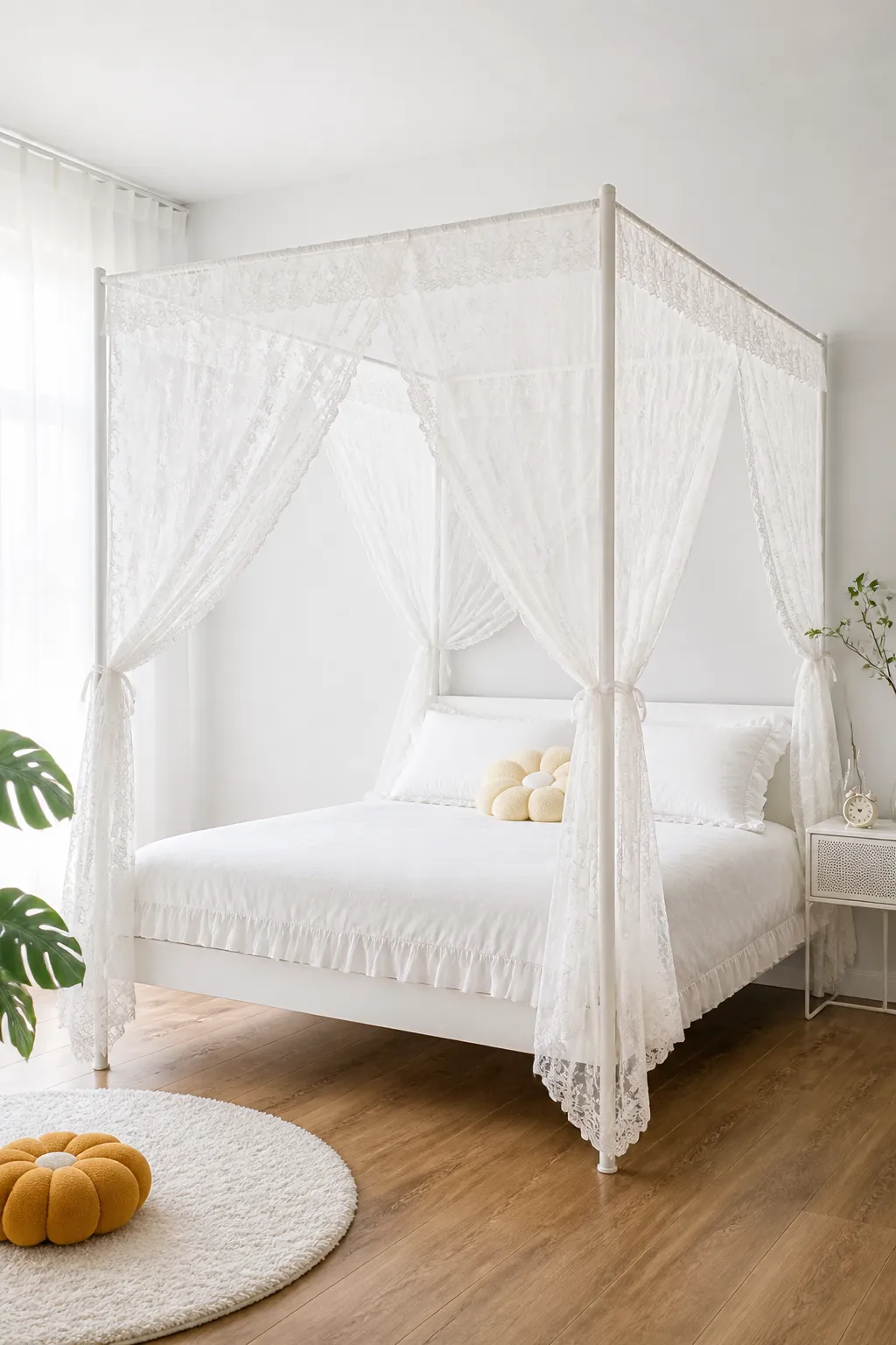 White floral lace panels surrounding a bright and airy bedroom