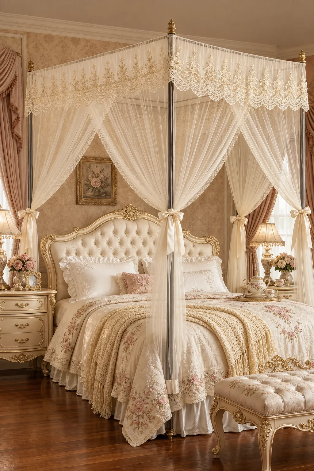 Ornate cream lace canopy styled with regal vintage bedroom details