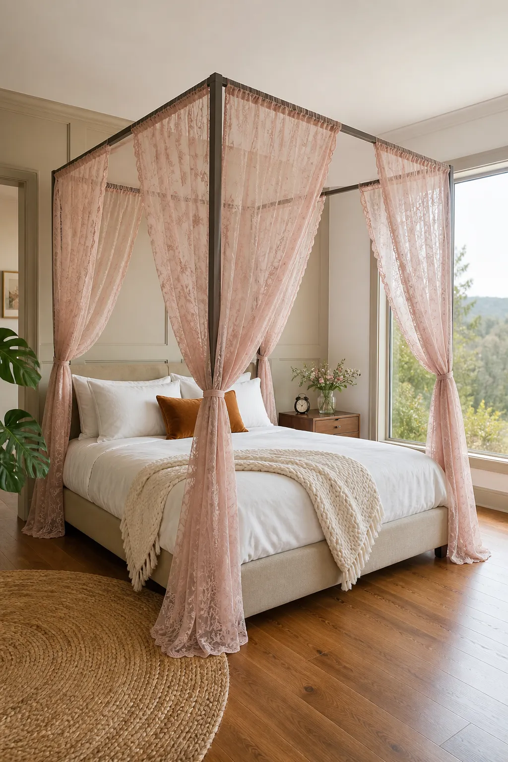 Blush lace canopy adding softness to a contemporary bedroom