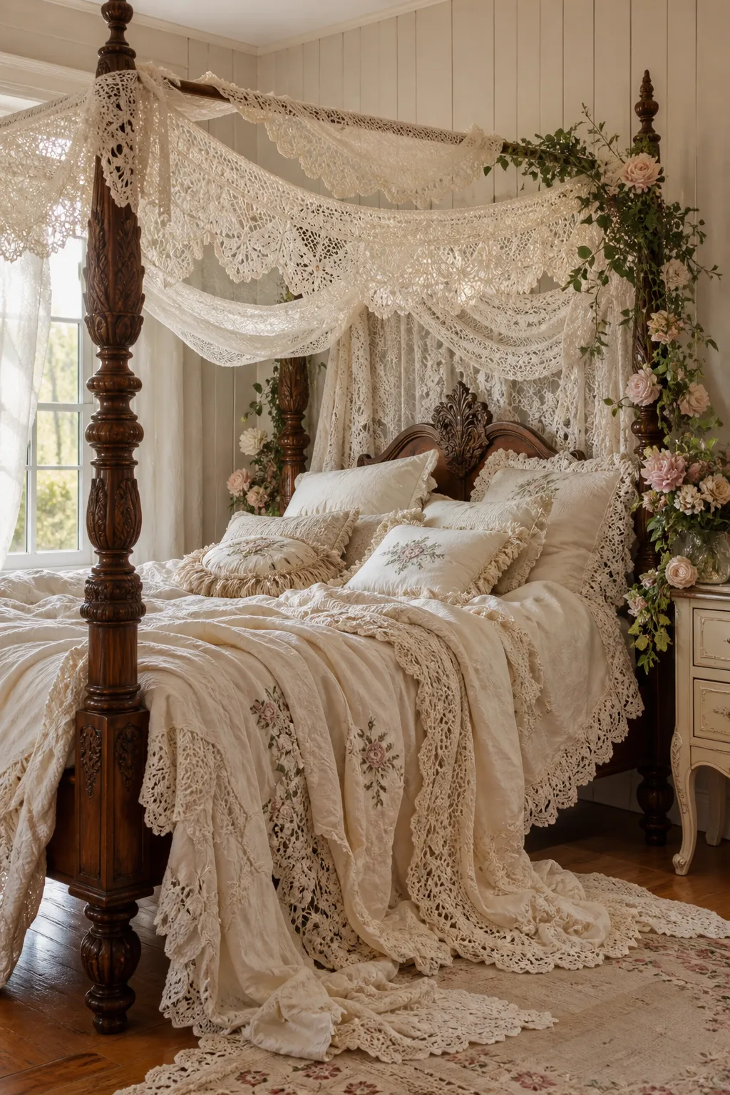Layered ivory lace creating a romantic collected vintage bedroom