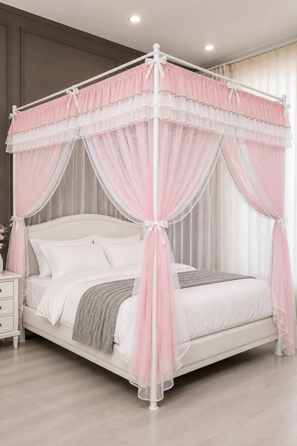 Pink and white ruffled lace canopy in a princess-style bedroom