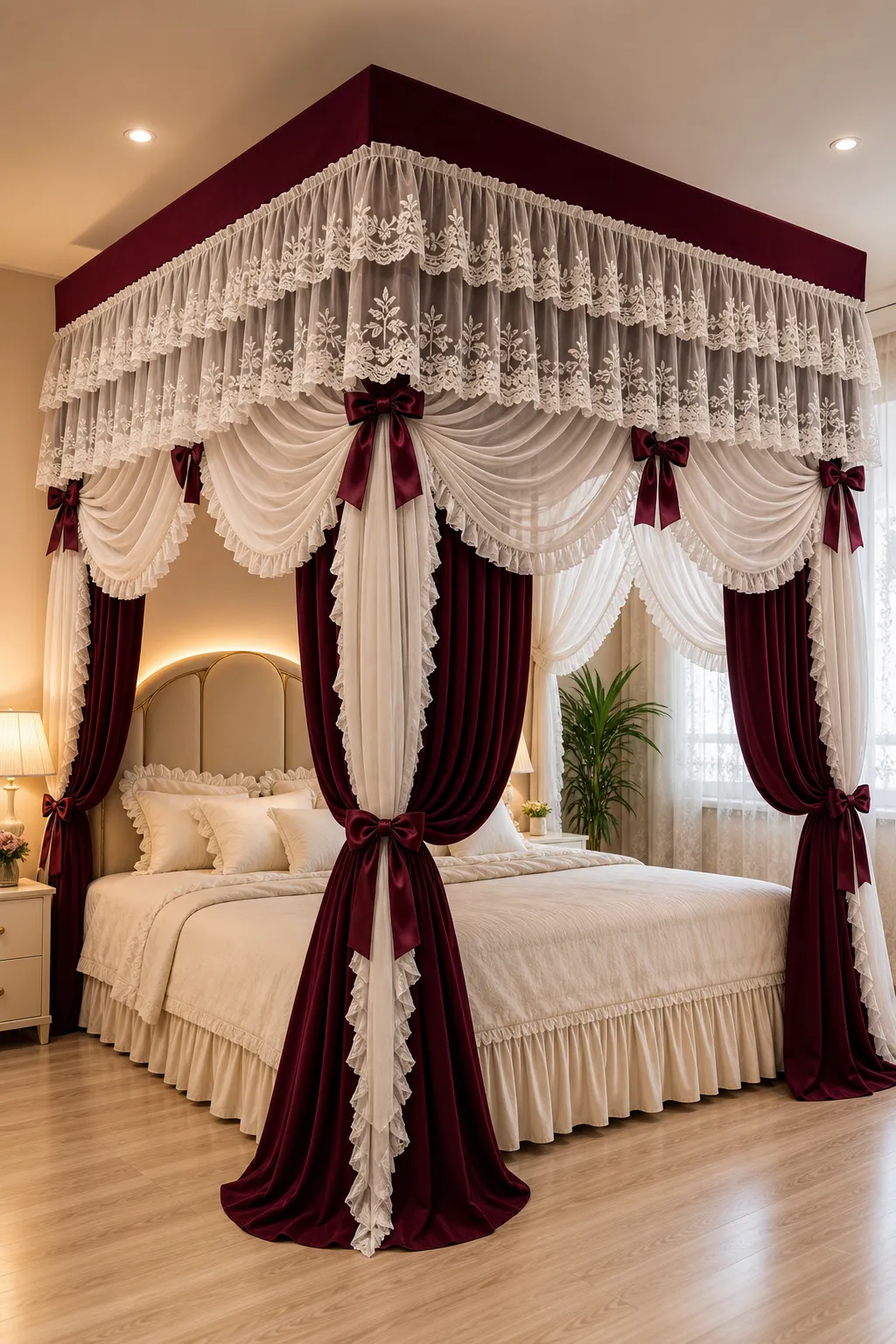 Burgundy and white canopy drapes creating dramatic bedroom contrast