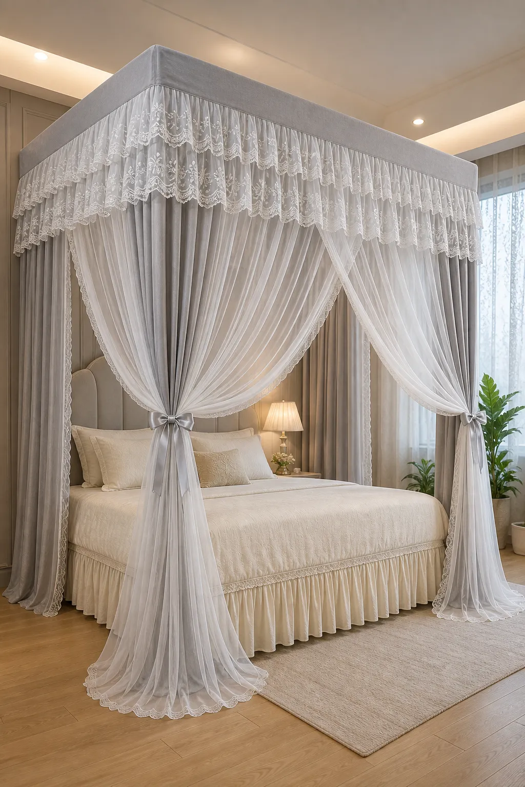 Gray and white lace canopy styled in a soft neutral bedroom