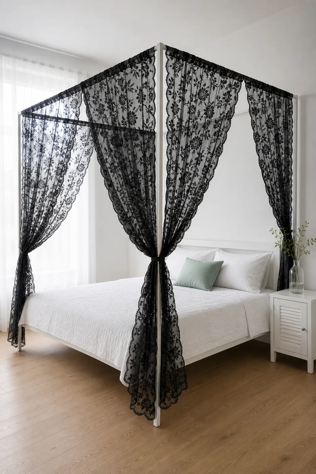 Black floral lace canopy giving a bedroom a modern Gothic look