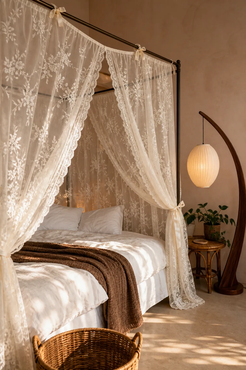 Flowing white canopy draped around a dreamy bedroom