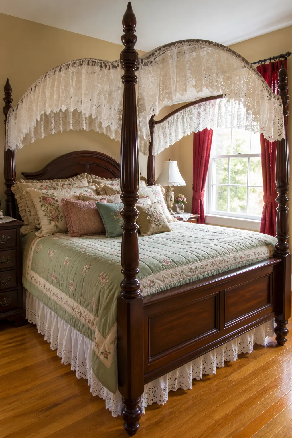 Vintage wood four-poster bed highlighted with sheer lace curtains