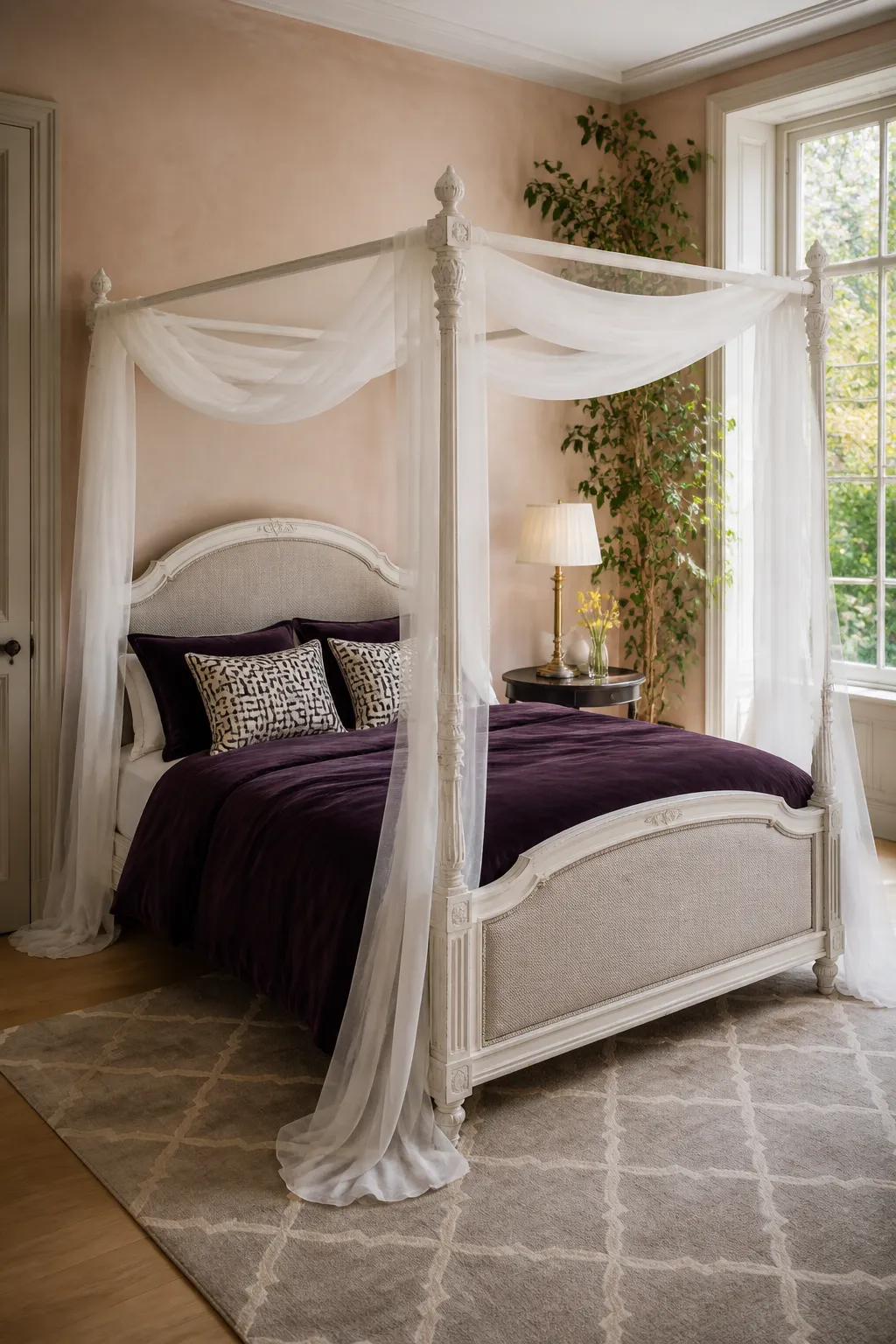 Romantic white canopy bed framed by flowing sheer drapes and soft neutral decor