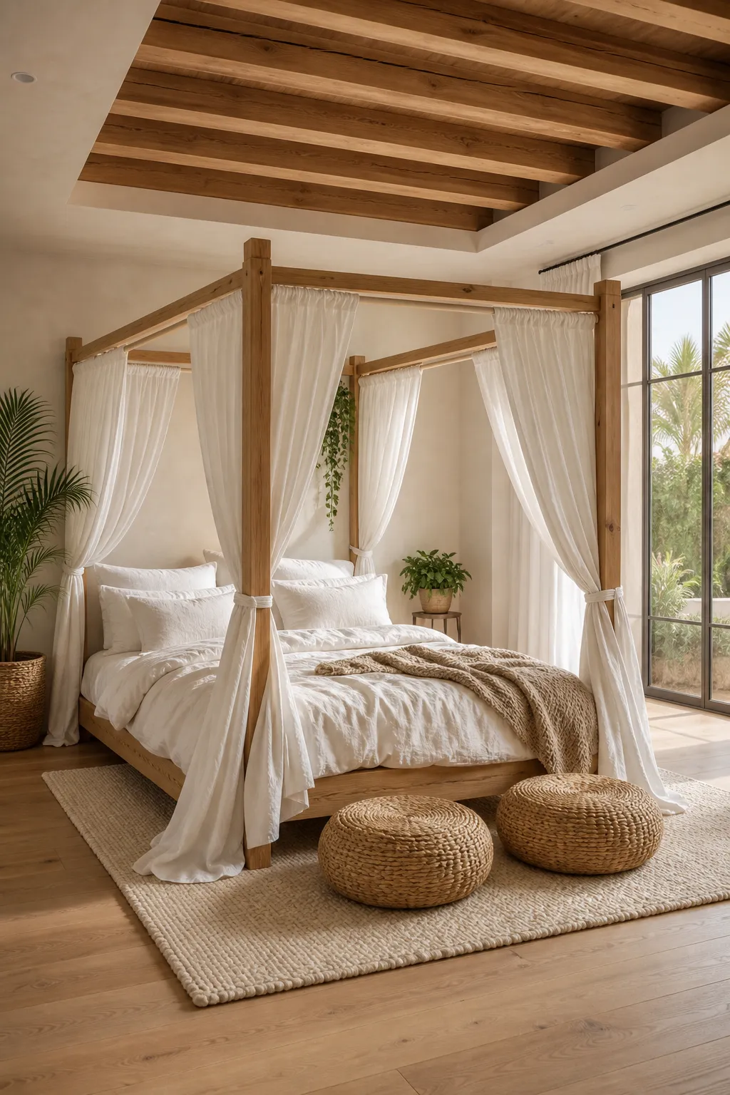 Natural-wood canopy bed styled with calm white bedding in a serene bedroom