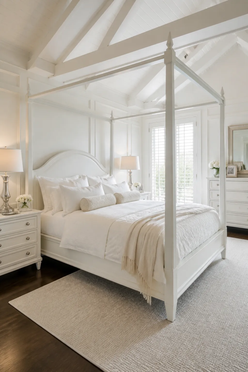 Bright bedroom featuring an all-white four-poster canopy bed and light decor